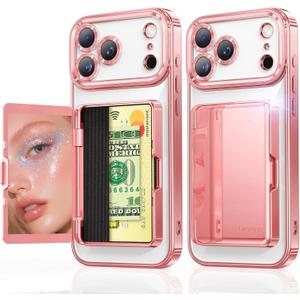 Meifigno for iPhone 17 Pro Wallet Case (Holds 3-4 Cards & Cash), Built-in Mirror & Kickstand, [Surround Raised Lens Protection] for iPhone 17 Pro Case with Card Holder for Women (6.3''), Rose Gold