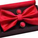 GUSLESON Mens Solid Color Double Fold Pre-tied Bow Tie and Pocket Square Cufflink Set with Gift Box
