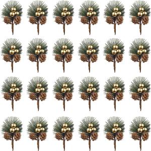 TIHOOD 25PCS Artificial Pine Picks, Pine Needles Branches with Gold Berry Stems, Small Fake Berries Pinecones Branches for Crafts Christmas Tree DIY Garland Holiday Wreath(Gold)
