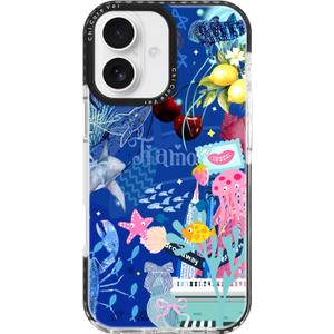 Voyage iPhone 16 Plus Case Pink Ocean Adventure Collage Pattern Military Grade Drop Protection Slim TPU with Camera Protection, Aesthetic Summer Design for Women Girls (BlueOctopus)
