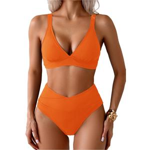 Sexy Ribbed Bikini Set 2 Piece Womens High Waisted V-Cut Cheeky High Leg Tummy Control Longline Swimsuit