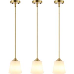 BYOLIIMA Modern Gold Pendant Light 3 Pack Brushed Brass Mid Century Chandelier White Cylinder Glass Shades Adjustable Rods Farmhouse Ceiling Hanging Lighting Fixture Kitchen Island Dining Room Bedroom