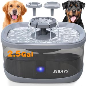 SIBAYS 2.5GAL/9.5L Dog Water Fountain for Large Dogs, 3 Flow Modes Large Pet Water Fountain for Cats, Automatic Dog Water Bowl Dispenser with 7" Filter & Smart LED Pump, Quiet, BPA-Free Material (BLACK-GREY)