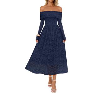 MEROKEETY Women's 2025 Fall Long Sleeve Floral Midi Dress Off Shoulder Wedding Guest Formal Long Flowy Dresses (Blue, S)