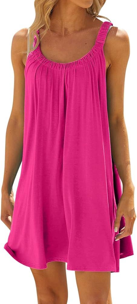Lesore Womens Mini Dress Casual Summer Strappy Straps Sleeveless Square Neck Knit Mini Dresses Beach Vacation Hot Pink L (Pink, L)