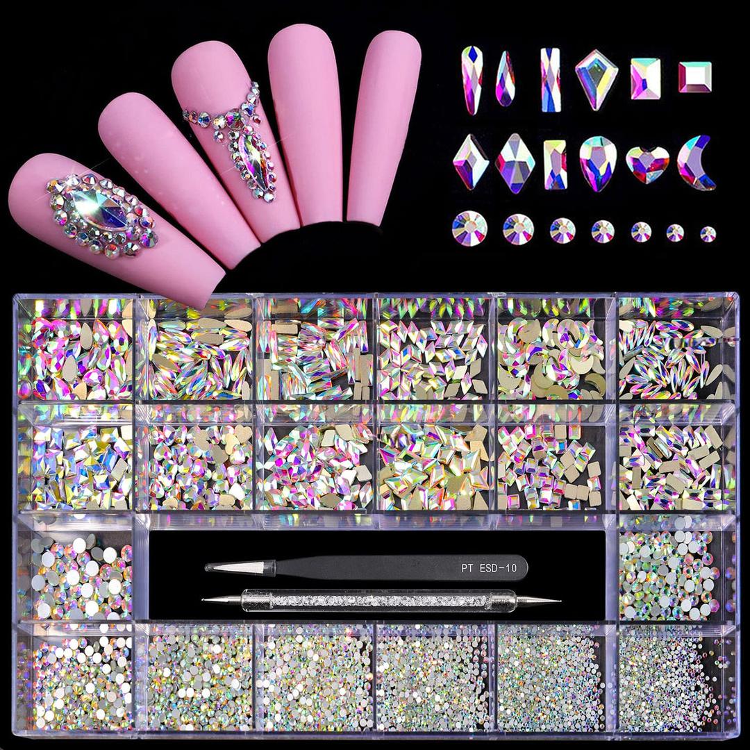 12 Types of 600 Crystal AB Diamonds + 2500 Flat Rhinestones Mix 20 Styles Flatback DIY Crafts Rhinestone Crystals 3D Ornaments Flat Back Stones Set + Tweezers + Drill Pen