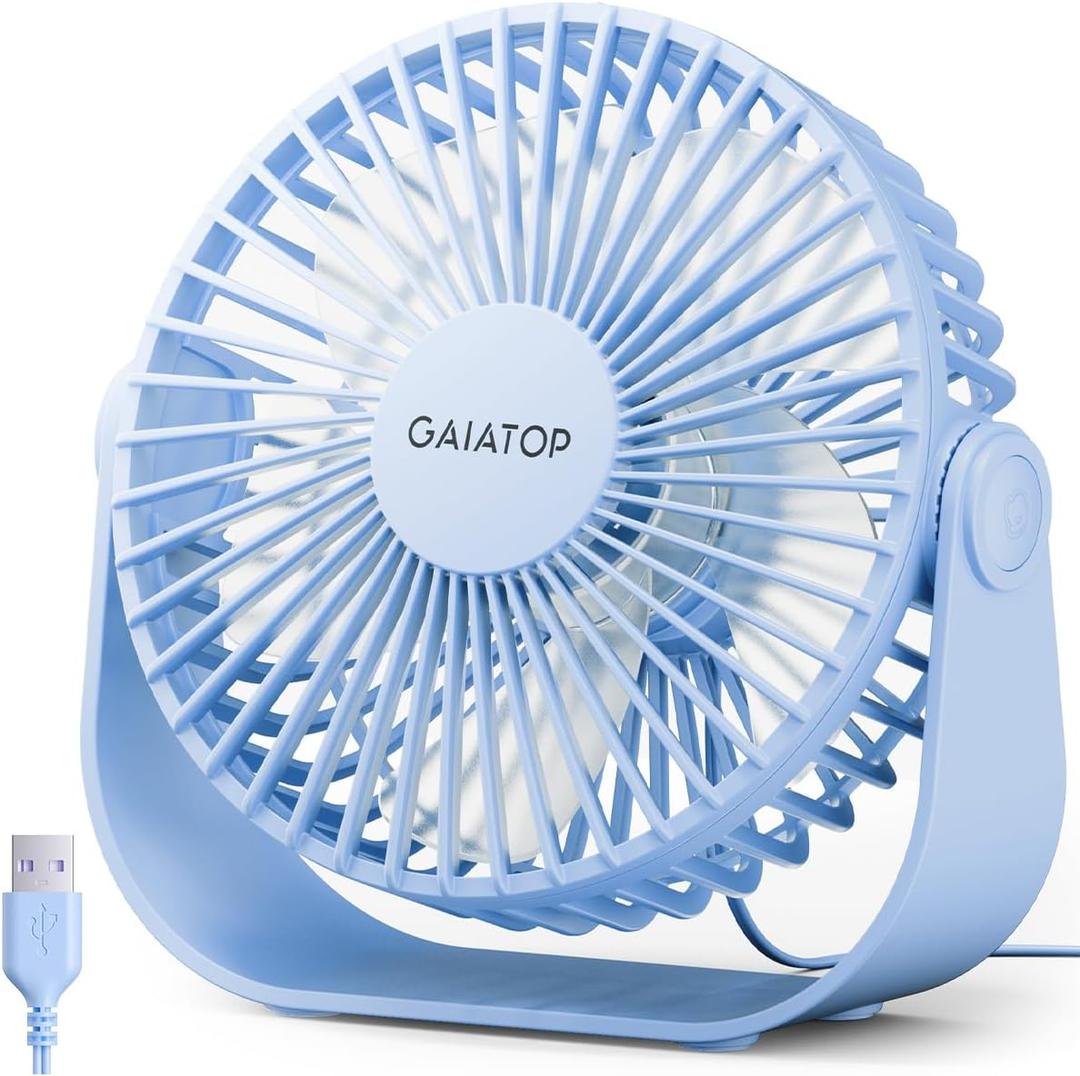 Gaiatop USB Desk Fan, 3 Speeds Strong Airflow, 5.5 Inch Portable 90 Rotate Quiet Cooling, Small Personal Table Fans for Bedroom Home Office Travel Blue