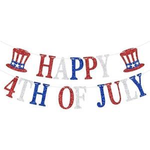 Happy 4th of July Banner, Red & Blue with Silver Fourth of July Sign, Patriotic Independence Day/Memorial Day Party Decorations, 2 Pack