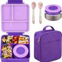 Bento Lunch Box Set for Kids with 8oz Soup Thermo, Leak-Proof Lunch Containers with 4 Compartment, Kids Thermo Hot Food Jar and Insulated Lunch Bag for Kid to School-Purple