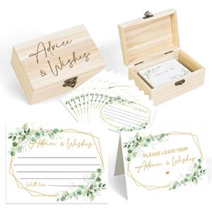 52 Pcs Wedding Eucalyptus Baby Shower Advice Cards Box Set Greenery Baby Shower Party Decor with Pine Wood Box Showing Card And 50 Wishes Cards Game Ideas Themed Rustic Advice Birthday Bridal Shower
