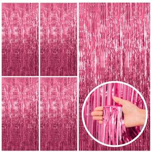 BOMSI 2 Pack Pink Tinsel Curtain Party Backdrop Foil Fringe Birthday Photo Booth Streamer Backdrop Theme Decorations