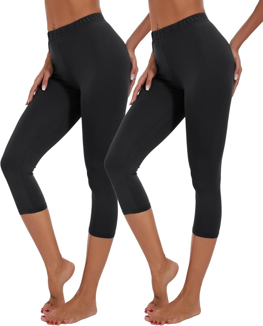 BATHRINS 2-Pack Women's Plus Size Knee Length Summer Soft Capri Pants Lightweight Breathable Leggings