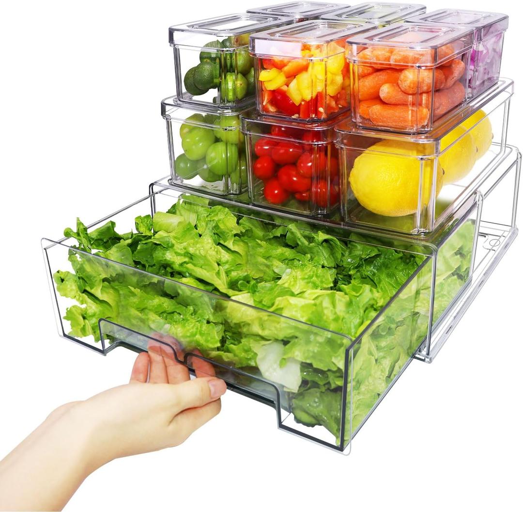 YINGRACE 10 Pack Fridge Organizer Bins, Stackable Refrigerator Organizers and Storage, With a Pull-out Large Drawer, BPA-Free Clear Containers For Fruit, Vegetable, Drinks