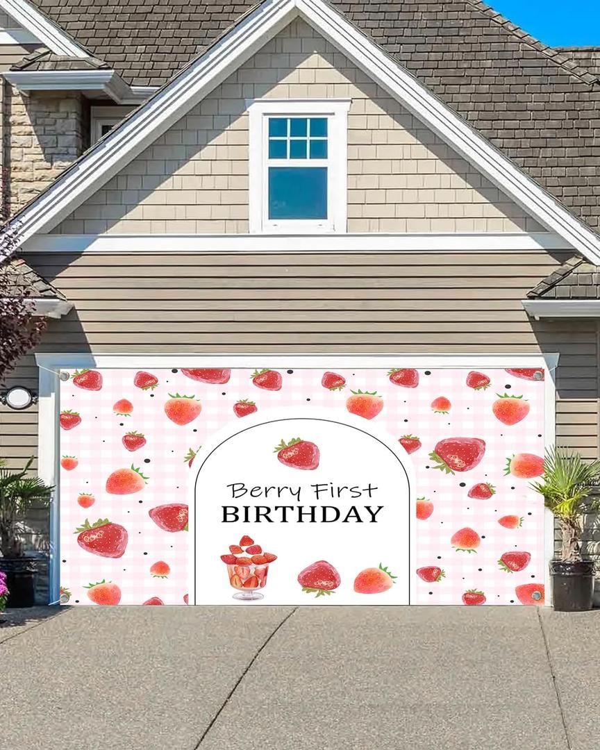 6X8ft Happy Strawberry 1st Birthday Garage Door Decorations Background Pink Gingham Berry First Birthday Party Decorations Backdrop Birthday Party Indoor Outdoor Decor Banner Cover