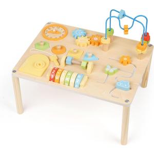 Wooden Activity Table for Toddlers  8-in-1 Multi-Color Montessori Activity Center&Baby Activity Cube with Bead Maze, Shape Sorter, Gears, Math & Clock Toys,Educational Gift for 1 Year Old Boys Girls