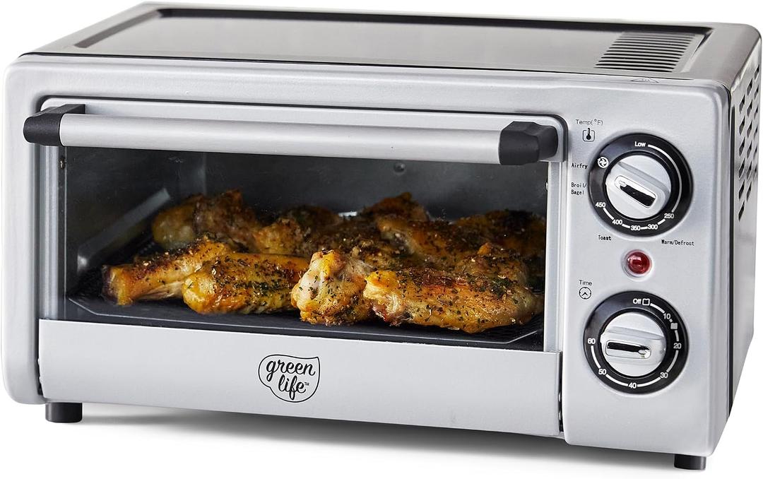 GreenLife Countertop Toaster Oven Air Fryer Stainless Steel, Healthy Ceramic Nonstick, PFAS Free, Tray & Basket, Bake, Broil, Reheat, Adjustable Temp & Time Control, Auto Shutoff, Black