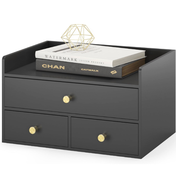 Bamboo Desk Organizer with Drawers Wooden Desktop Storage Drawers for Bills Office Supplies Kitchen Utensils Organizing Tool for Home Classroom Organization No Assembly (3 Drawers, Black)