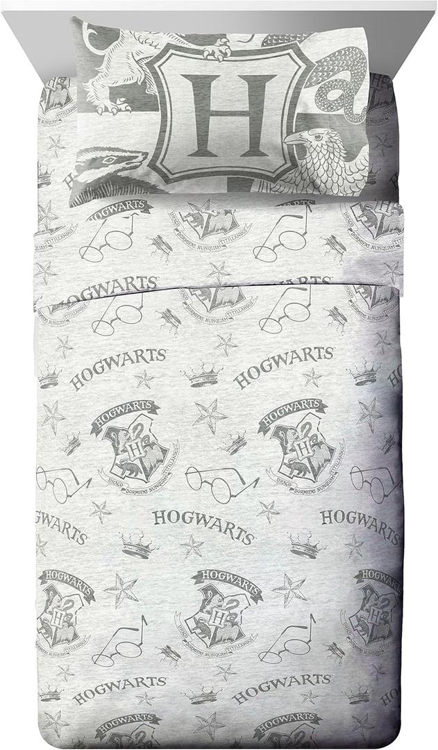 Jay Franco Kids Sheet Set with Fitted, Flat Sheets & Pillow Cover - Ultra-Soft Bedding with Pillowcase for Room Decor, Gray - Harry Potter, 4 Piece Full