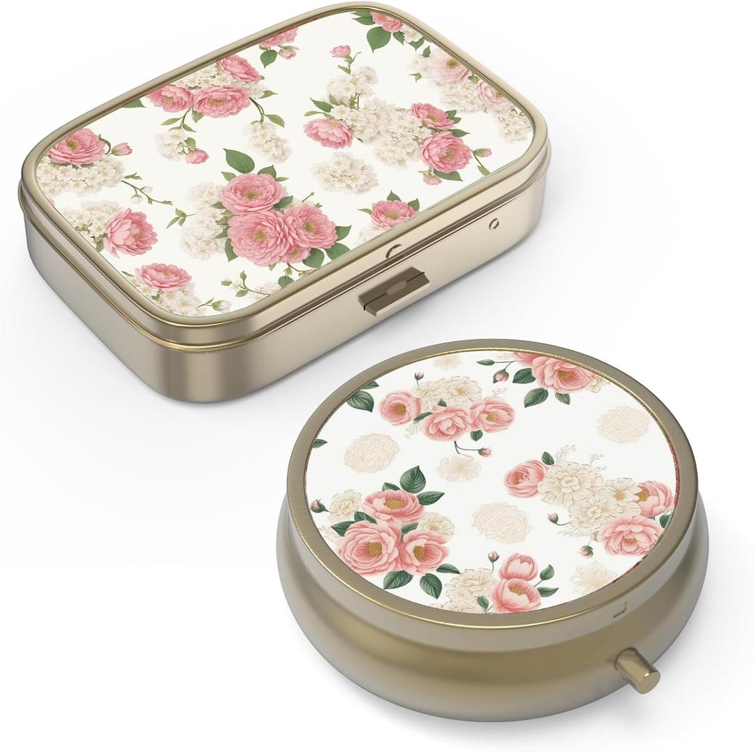Pill Organizer Pill Box with Mirror Retro Small Pill Case for Purse or Pocket Bronze Pill Box or Vitamins, Fish Oil, Supplements, Pill Containe Travel Gifts2PCS-Retro Pink Floral
