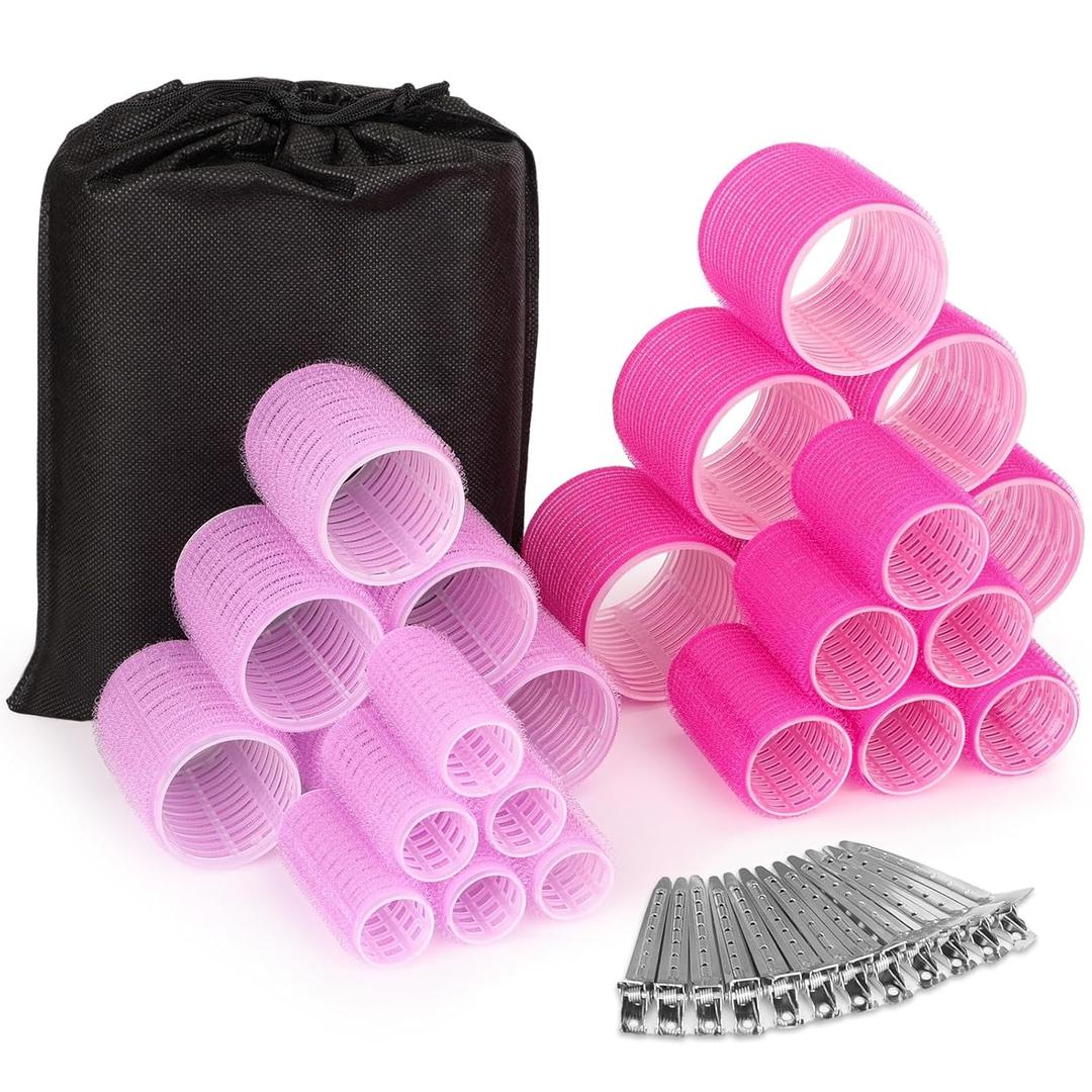 Rollers Hair Curlers Set - 36 Pieces with 4 Sizes (6 Jumbo, 6 Large, 6 Medium & 6 Small Curlers), 12 Hair Clips for Long, Thick Hair, Pink