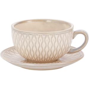 Vintage Design 12 oz Ceramic Latte Art Cappuccino Barista Cup with Saucer (Embossed Beige)