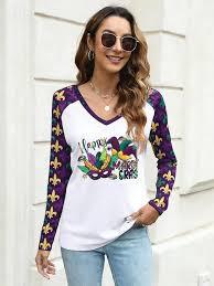 Mardi Gras Shirts for Women: Tuesday Shirt Funny Mask Graphic Tee Carnival Long Sleeve Shirt New Orleans Party V Neck Top XL