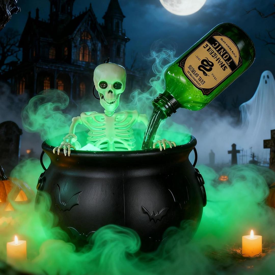 Juome Halloween Decorations Indoor - Witches Cauldron with Skeleton Prop and Mist Maker Floating Potion Set Halloween Decor, Spooky Vintage Black Plastic Bowl Hocus Pocus Party Decorations
