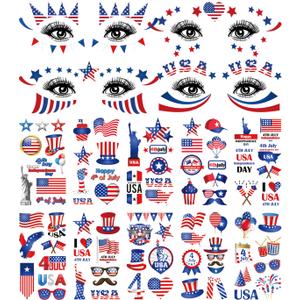 3 x 4th of July Temporary Tattoos for Kids Adults, 128+ PCS Patriotic Waterproof Fake Tattoos with American Flag Eagle Fireworks Designs, Independence Day Party Favors Supplies for USA Memorial Day Parade