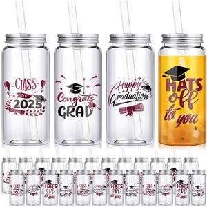 24 Pcs Graduation Cups with Straws Bulk 13.5 oz Class of 2025 Plastic Mason Jars Reusable Tumbler Coffee Tea Hot Cocoa Beverage Happy Graduation Tumbler for Congrats Grad Party Gifts(Maroon)