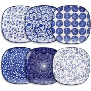 Selamica Porcelain Square Dessert Salad Pasta Plates 7.6 Inches Ceramic Plates Set of 6 Microwave/Dishwasher/Oven Safe, Vintage Blue