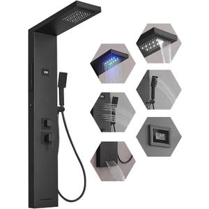BWE LED Shower Panel Tower System Matte Black 5-Function Shower Column with Rainfall Waterfall Shower Head 4 Body Jets with Tub Spout Water Temperature Display Wall Mount