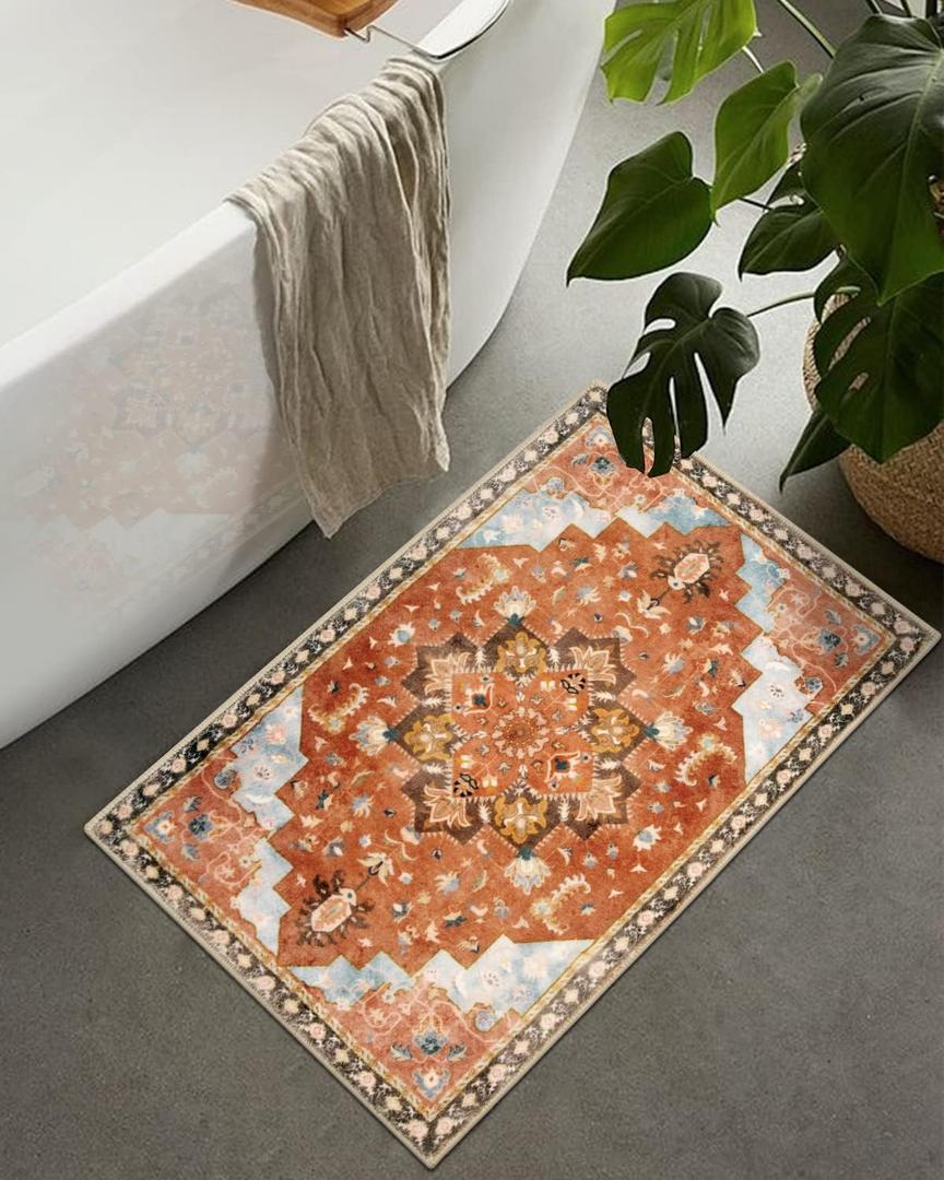 Seavish Vintage Bathroom Rugs Non Slip Oriental Rug 18"x26" Retro Distressed Washable Boho Bath Mat Rug Rustic Aesthetic Tribal Home Decor Carpet for Bathroom Floor Tub Sink Door Mat (Orange)