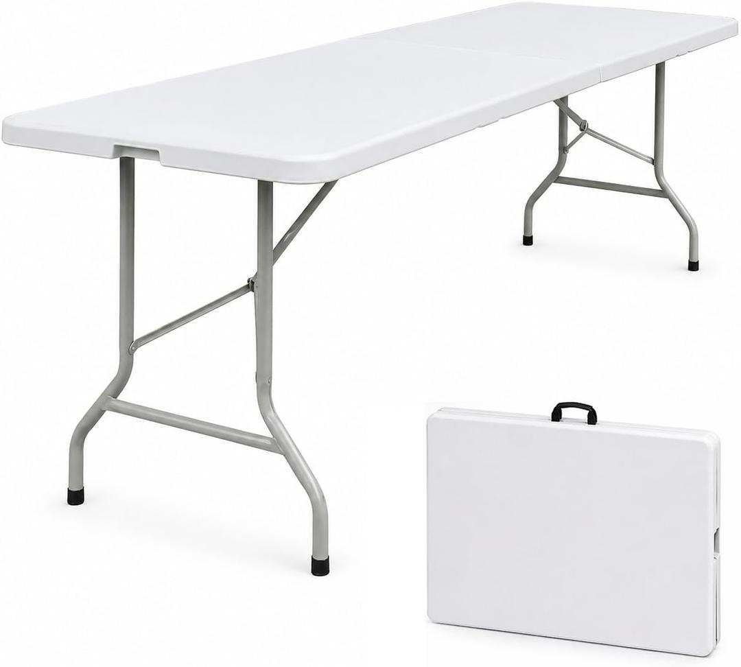 8ft Folding Table, Portable Plastic Table with Handle, Heavy Duty Fold in Half Utility Table for Indoor & Outdoor Use, Suitable for Camping, Picnic, Wedding, Parties, and BBQs - White