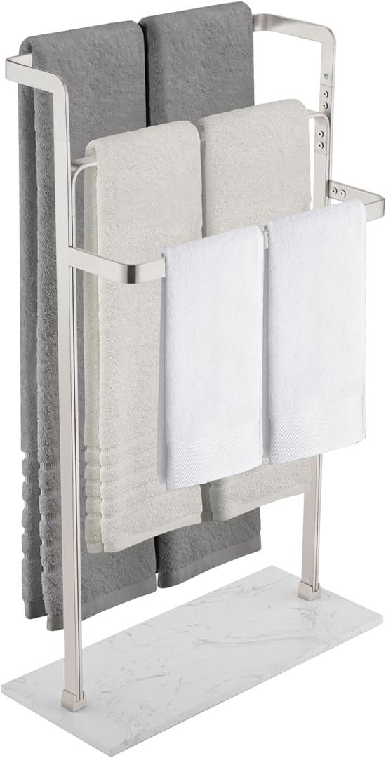 Free Standing Towel Rack for Bathroom, 3-Tier Stainless Steel Standing Towel Rack, 12 lbs Heavy Natural Marble Base, Multi-Size Bath Towel Stand for Bath Sheet, Hand& Fingertip Towels, Brushed Nickel