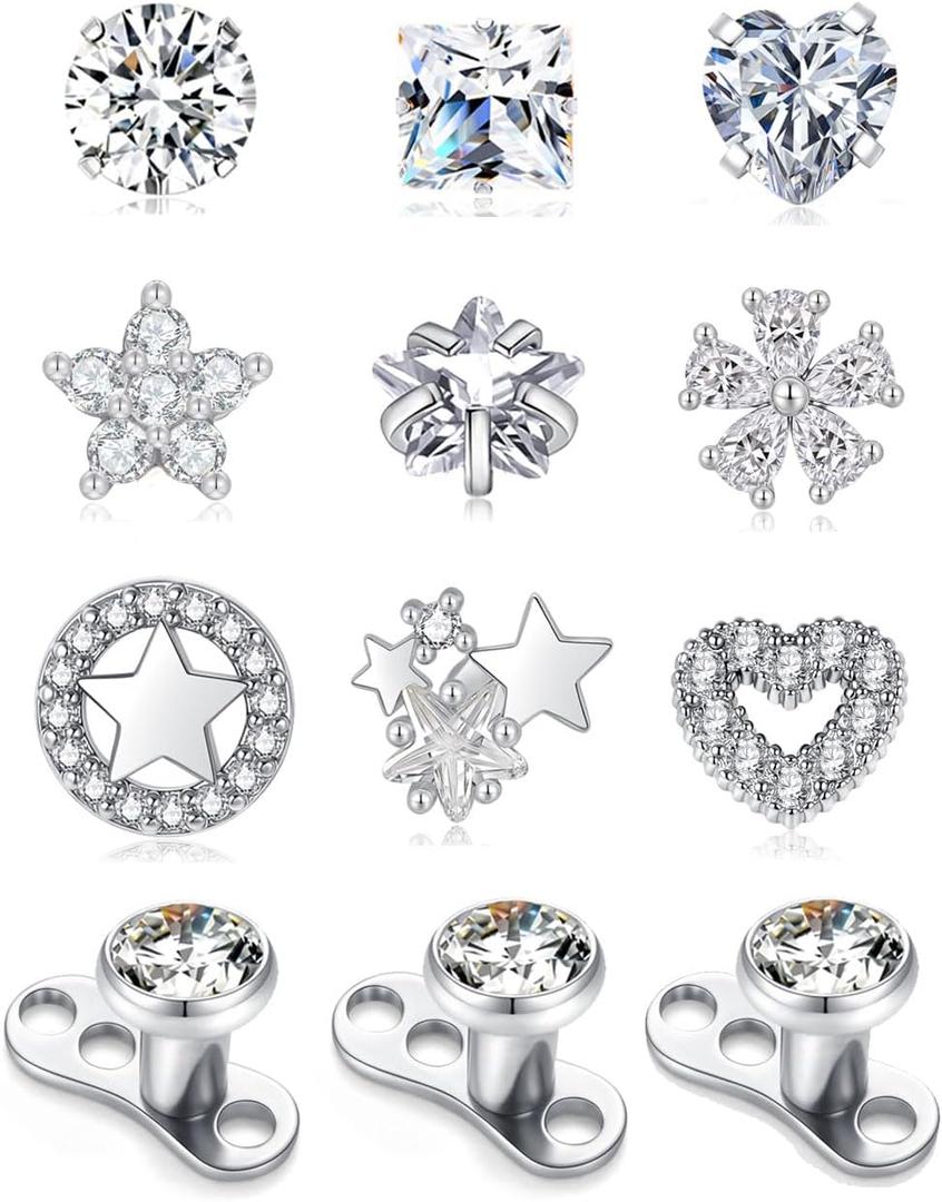 Tornito Dermal Anchor Tops and Base 14G Stainless Steel Microdermal Piercings Jewelry Punk Internally Threaded Star Heart CZ Gem Tops Surface Skin Piercing Studs for Women Men Silver Tone 5mm 6mm 7mm