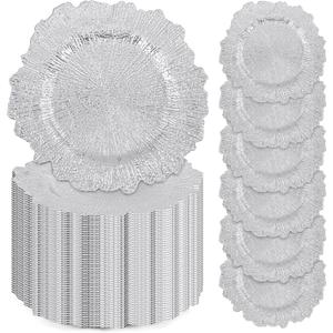 100 Pcs Silver Charger Plates Bulk, 13" Reef Plastic Floral Decorative Dinner Plate for Table Setting, Wedding, Party, Event, Decoration, Silver 