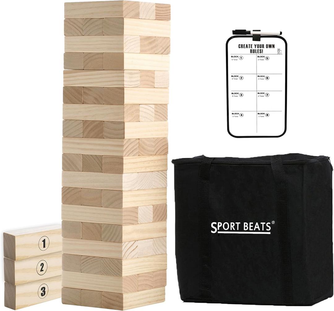 SPORT BEATS Outdoor Games Large Tower Game 54 Blocks Stacking Game Includes Carry Bag (Natural)