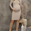 Womens Long Sleeve Knit Ribbed Maternity Dress, Ruched Midi Maternity Bodycon Dress Casual Work (Small, Khaki)