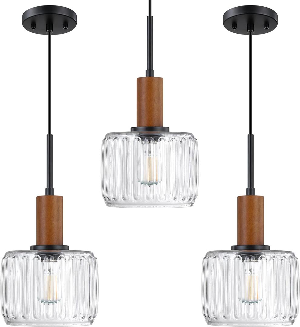 3 Pack 1 Light Industrial Modern Farmhouse Hanging Kitchen Island Pendant Ceiling Light Fixtures,Natural Wood 7.2" Clear Textured Glass Black Finish Over Sink Restaurant bar Corridor