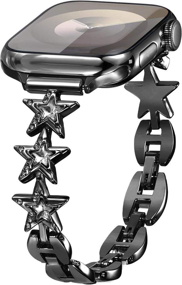 Nereides Compatible with Apple Watch Bands for Women 42mm/41mm/40mm/38mm,Fashionable Pentagram with Diamonds Band iWatch Bands for Women Series 10 9 8 7 6 5 4 3 2 1,Black