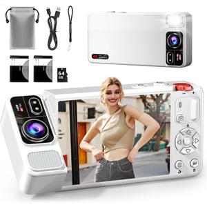 Digital Camera, 4K 64MP Cameras for Photography, 270Flip Screen Vlogging Camera, Autofocus, Flash, 18X Zoom, 2 Batteries, 64GB Card, Point and Shoot Digital Cameras for Kids Teens, White