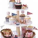 Domensi 1 Pcs 3 Tier Baseball Serving Tray Wooden Baseball Cupcake Stand Displays Plate Board Reusable Cupcake Serving Tower Holder Decoration for Sport Theme Game Tailgate Birthday Party Supplies