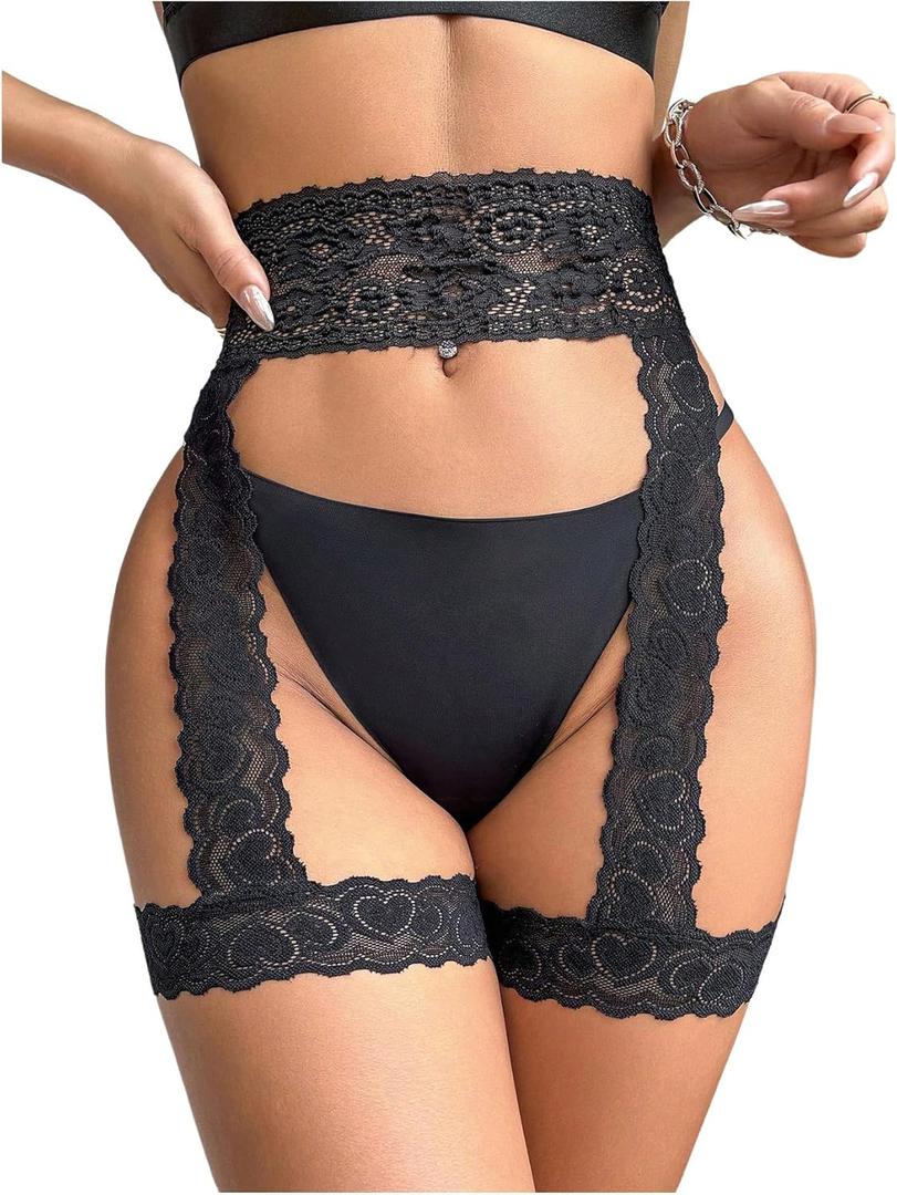SOLY HUX Women's Lace Garter Belt High Waisted Scallop Trim Lingerie Accessories (Black, M)