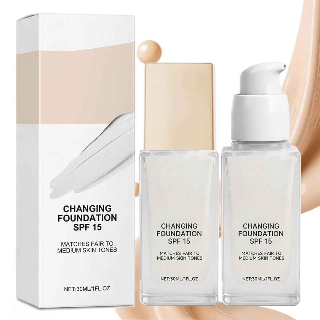 Color Changing Foundation for Mature Skin, Hydrating and Lightweight Liquid Foundations, Instantly Adapts to Your Skin Tone, Buildable Light to Medium Coverage, Natural (2 PCS)