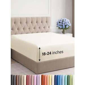 Extra Deep Cal King Fitted Sheet - Hotel Luxury Single Fitted Sheet Only - Easily Fits 18 inch to 24 inch Mattress - Ultra Soft, Wrinkle Free with Extra Deep Pockets - Breathable & Comfy - Off White