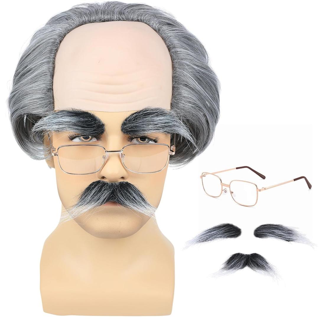 Old Man Bald Cap Grey Wig Grandpa Wig with Glasses Mustache & Eyebrows for Mens Halloween Cosplay Costume Funny Old Person Gray Hair Wigs