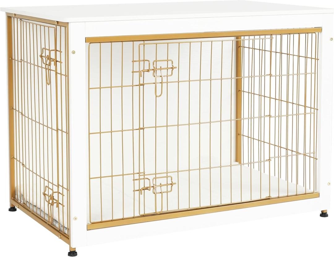 DWANTON Dog Crate Furniture with Cushion, Wooden Kennel Table with Double Doors, Indoor Dog House, Large Size, 38.5" L, White (38.5"L x 25.6"W x 26.8"H, White+Gold)