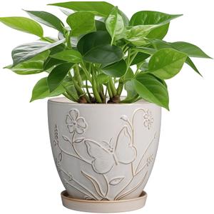 6 Inch Ceramic Plant Pot for Indoor Plants Outdoor Round Planter Flower Pot with Drainage Hole and Saucer for Home Garden Office Decor White (6 Inch, Butterflies and Flowers White)