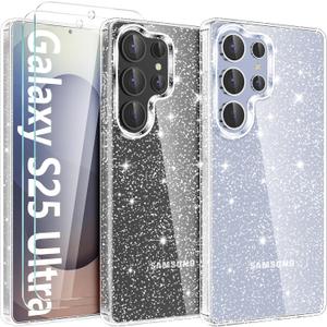 KSWOUS Clear Gliter Case for Samsung Galaxy S25 Ultra Case with Screen Protector[2 Pack], Cute Bling Sparkle Soft TPU Shockproof Phone Cover for Women Girls (Glitter)