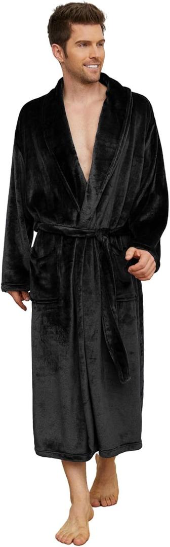 U2SKIIN Mens Fleece Robe Plush Collar Shawl Bathrobe (Large-X-Large, Black)